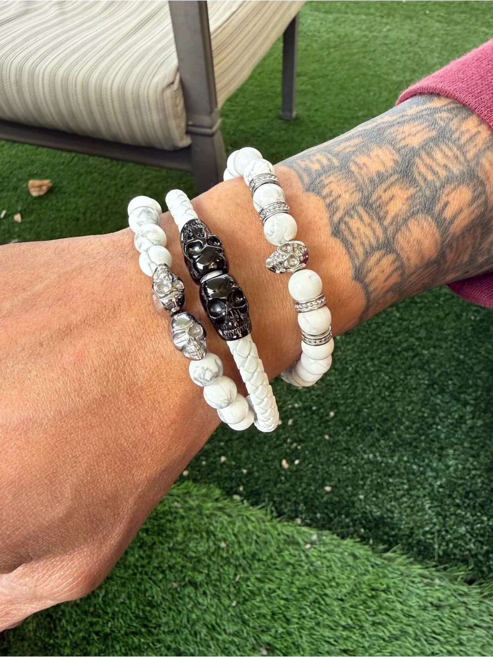 White Bracelet Set — Braided Leather & Beaded Stack